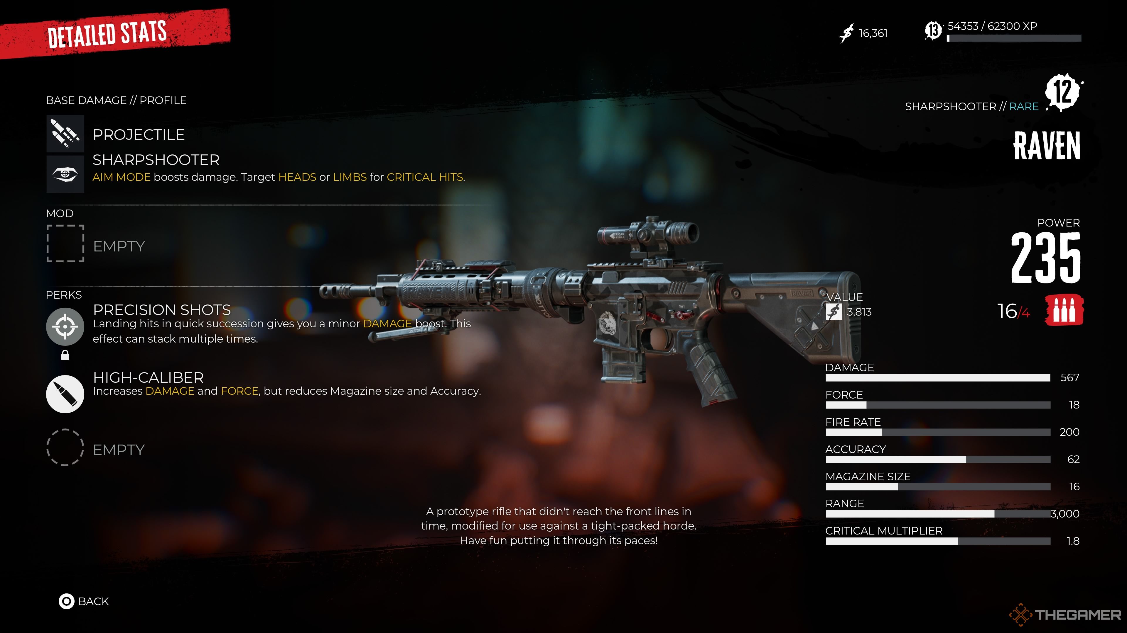 The image showcases the Raven Rifle within the inventory and its stats and base perks are shown on the screen which are the High Caliber perk and Precision Shots.