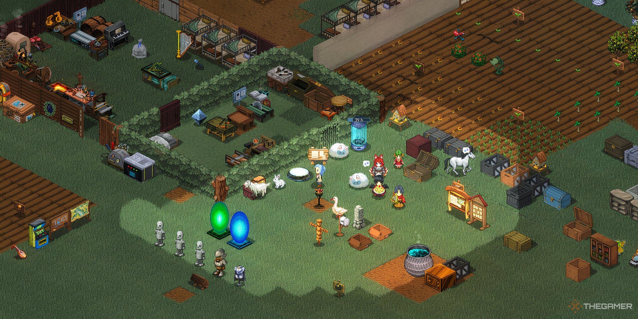 A player is surrounded by various pets and livestock in Elin. In the background is a gene editor with a cat inside. 