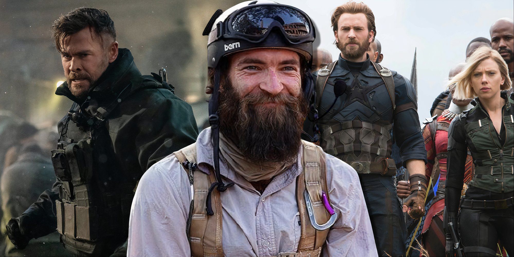 Split image of Sam Hargrave, Extraction 2, and Avengers Infinity War