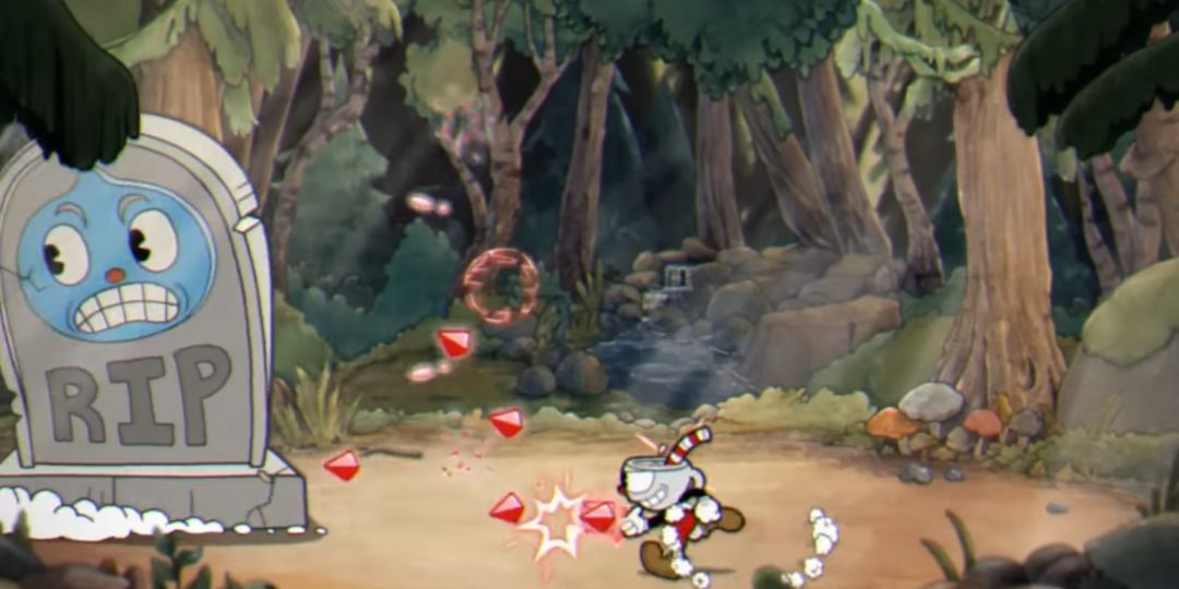 Cuphead fights Goopy Le Grande, a large slime ball using a tombstone.