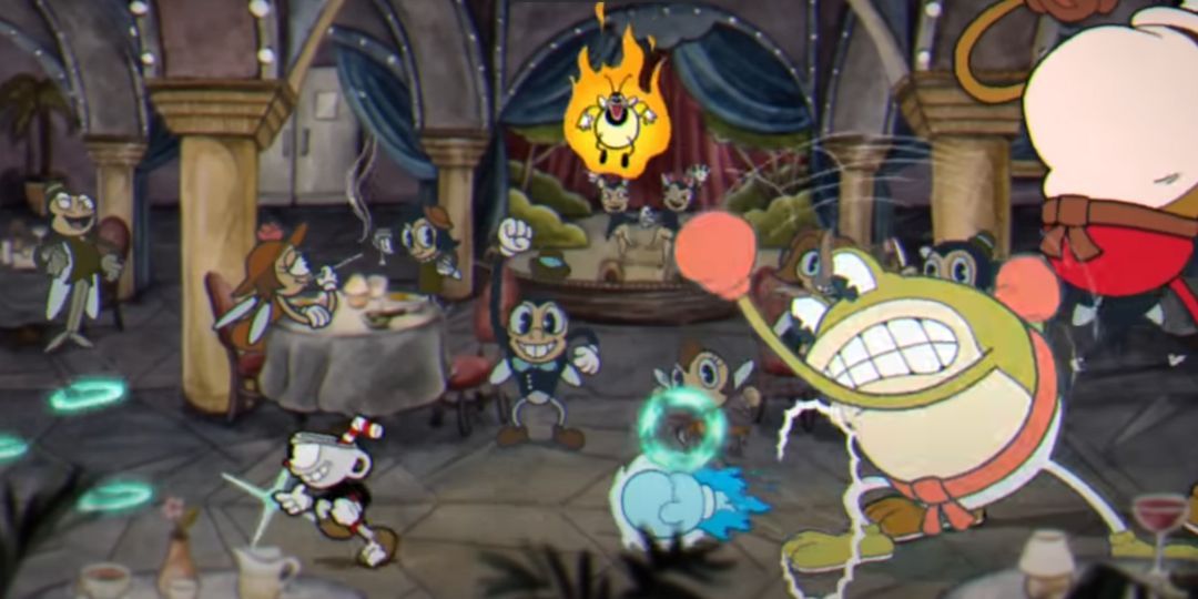 Cuphead fights Ribby and Croaks, two frongs, in a nightclub.