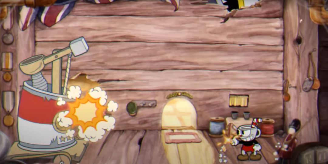 Cuphead fights Werner, a rat with a tin can tank.