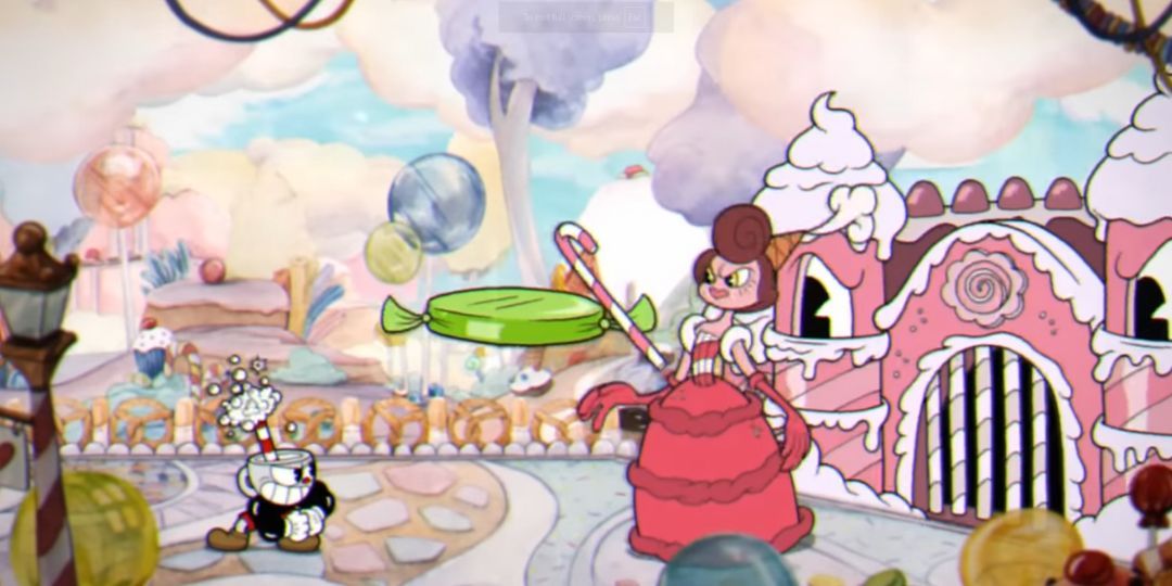 Cuphead fights Baroness von Bon Bon, a candy based villain.