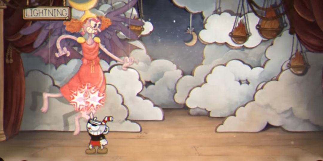 Cuphead fights Sally Stageplay, an actress using a set to battle him.