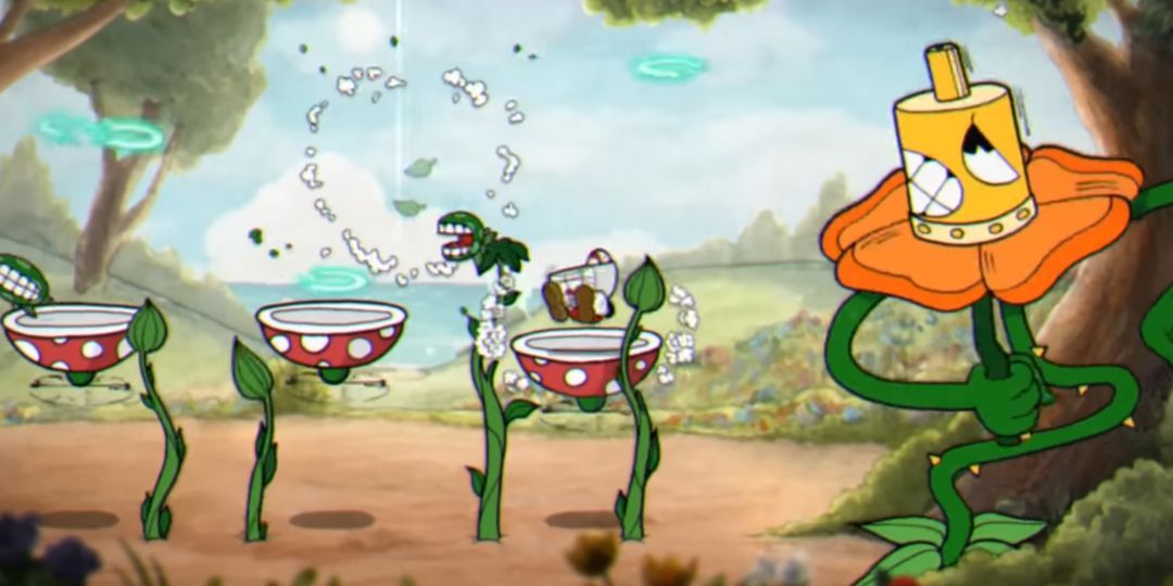 Cuphead fights Cagney Carnation, a large flower currently turning into a machine gun.