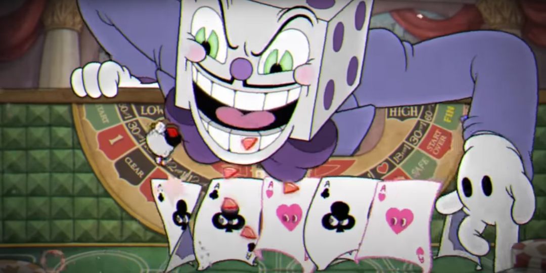 Cuphead fights King Dice, a giant dice man.