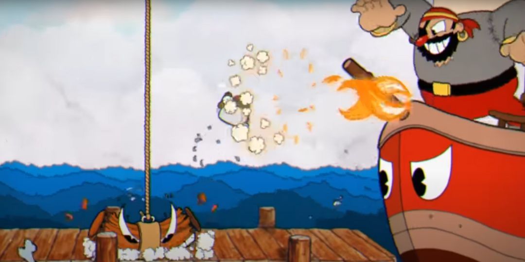 Cuphead fights Captain Brineybeard, a large pirate man.