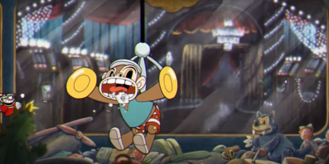 Cuphead fights Mr. Chimes, a monkey with a set of cymbols.