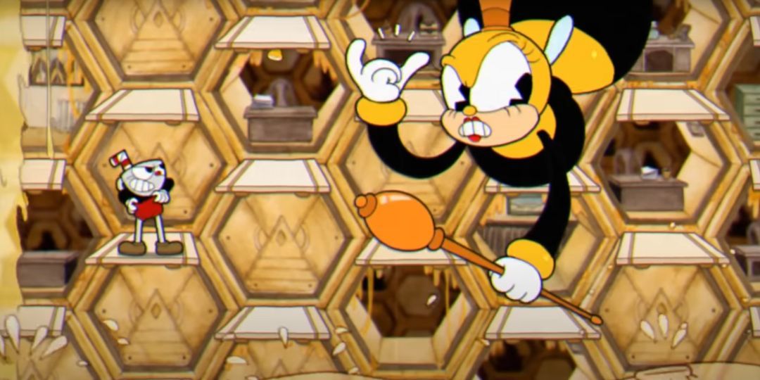 Cuphead fights Rumor Honeybottoms, a giant bee queen.