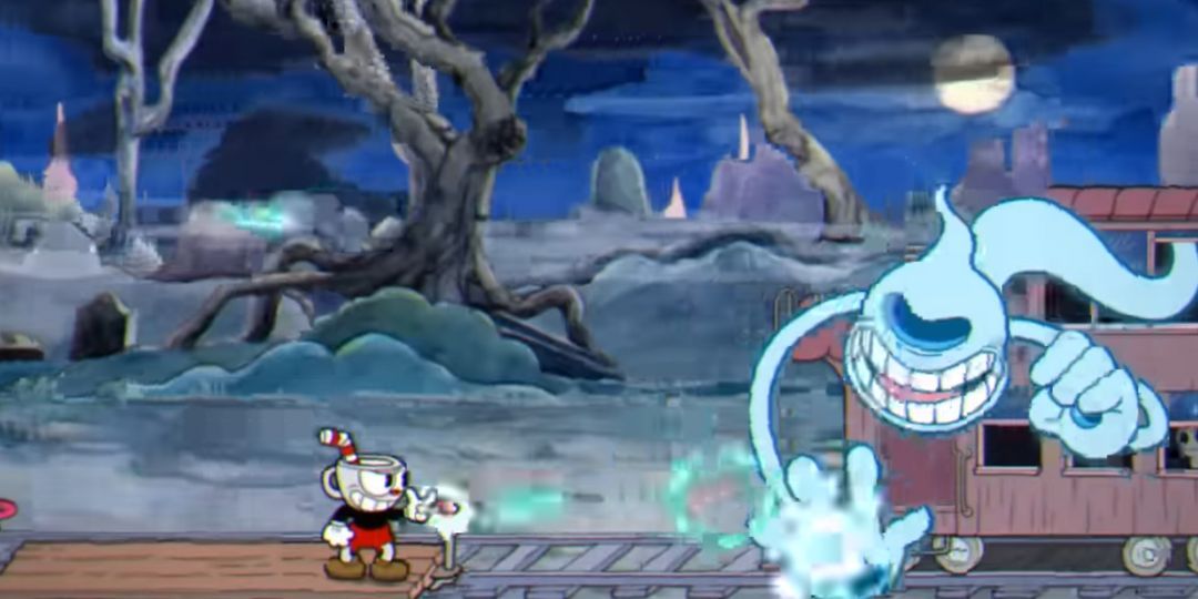 Cuphead fights the Phantom Express,  a haunted train.