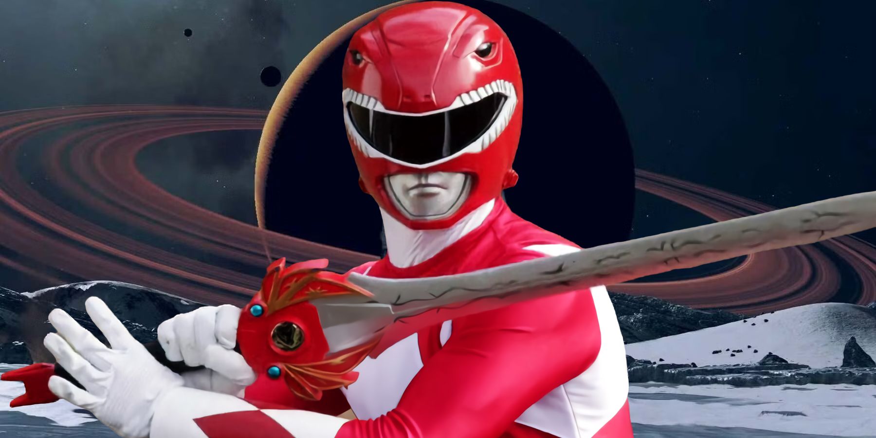 A promotional image of Starfield depicting a moon and a ringed planet, with the Red Ranger from Mighty Morphin Power Rangers brandishing his Power Sword inserted in front.