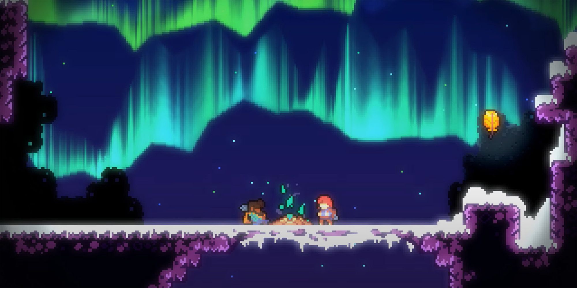 Madeline and Theo sit by a campfire in Celeste.