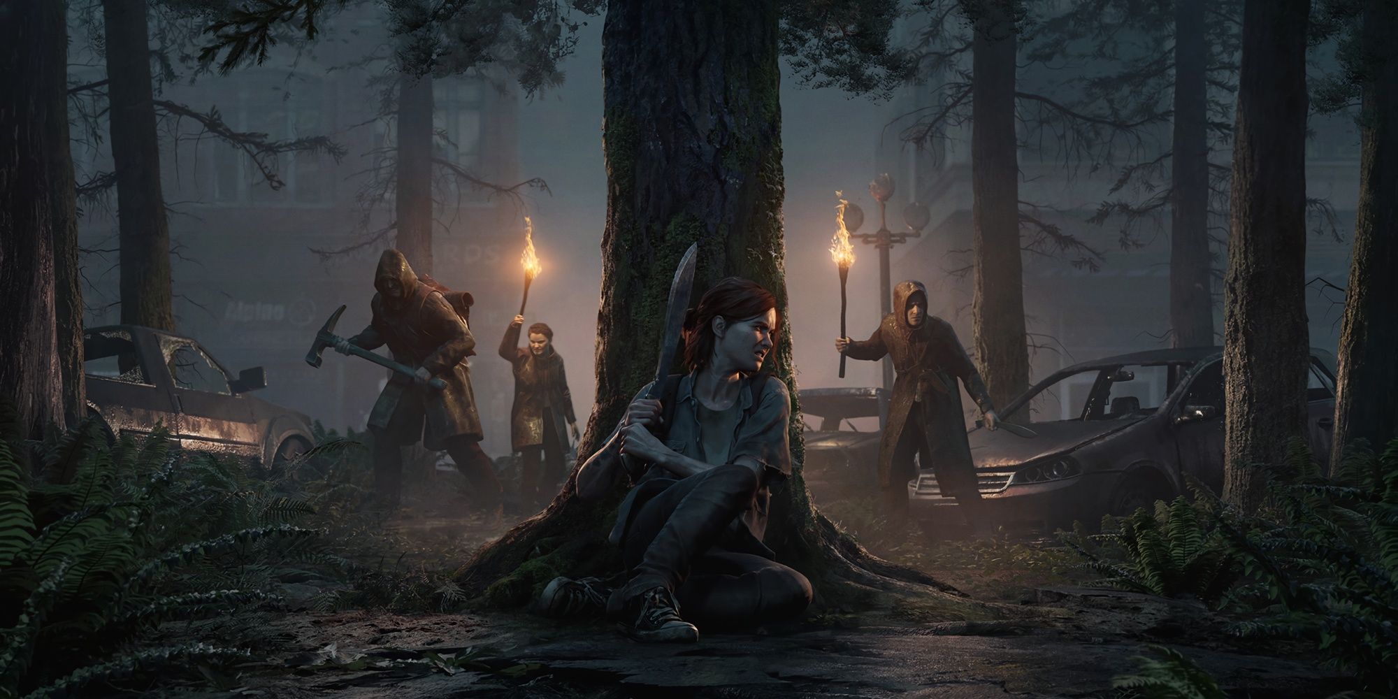 Ellie wielding a machete and hiding behind a tree as torch-bearing Seraphites approach on the artwork for The Last of Us Part 2.