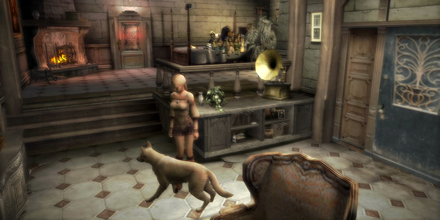 Fiona Belli and her companion dog, Hewie, inside a room with a fireplace, bed, and gramaphone in Haunting Ground.