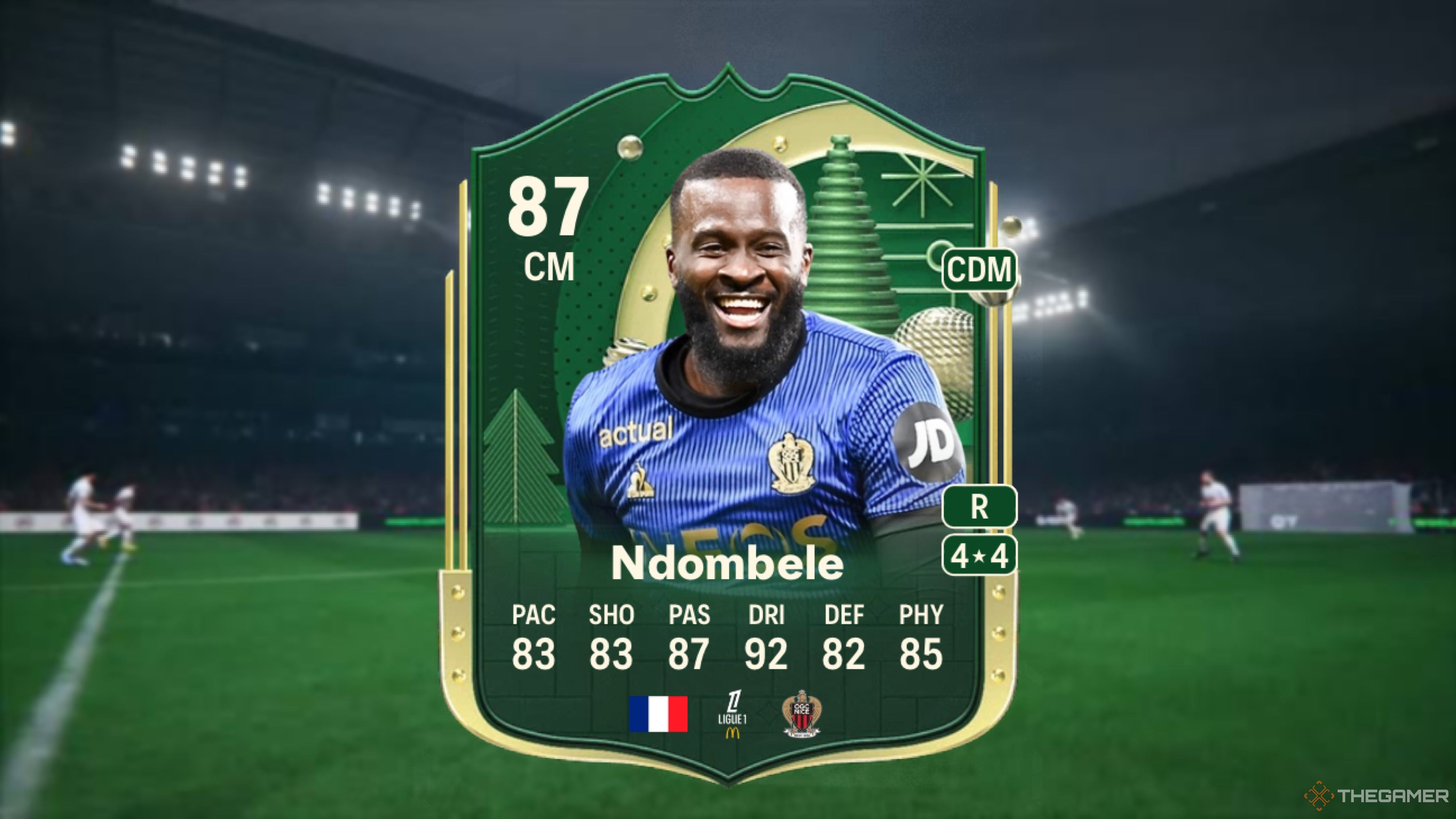 Image showing Ndombele card against a faded stadium background.