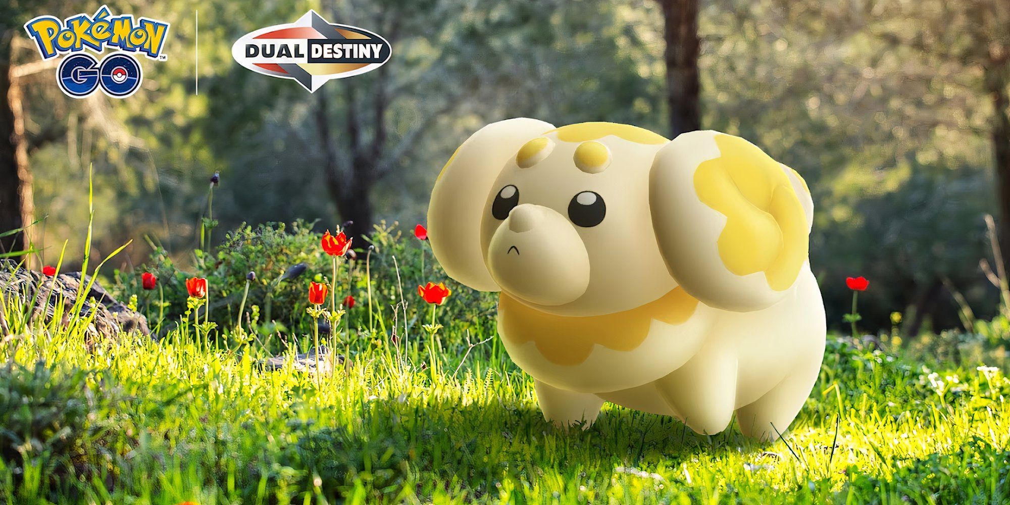 Image of Fidough from Pokemon standing in grass.