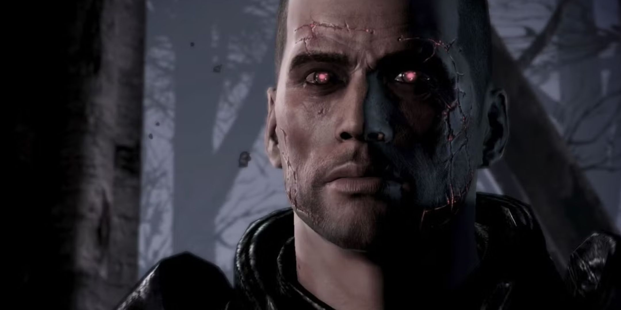 A close up of a male Commander Shepard with renegade scars