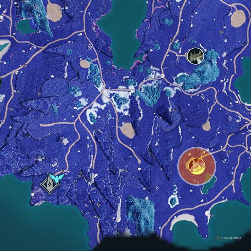 An orange circle shows the location of the Alpha Boss, Caprity Noct in Palworld