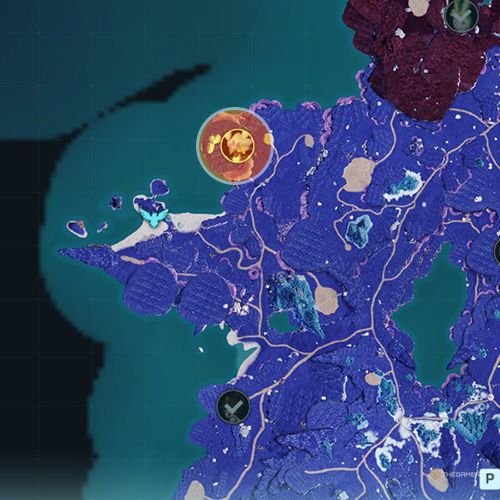 An orange circle shows the location of the Alpha Boss, Tarantriss in Palworld