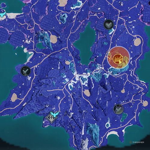 An orange circle shows the location of the Alpha Boss, Cryolinx Terra in Palworld