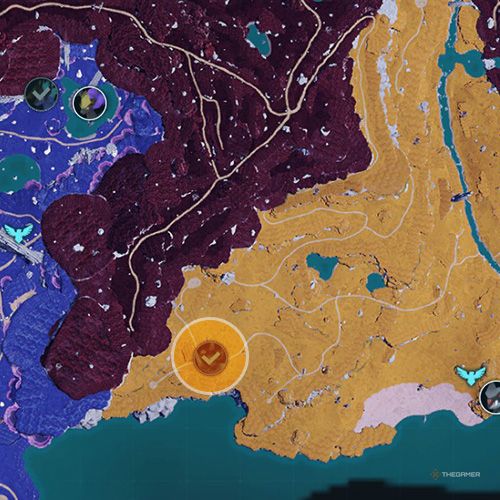 An orange circle shows the location of the Alpha Boss, Warsect Terra in Palworld