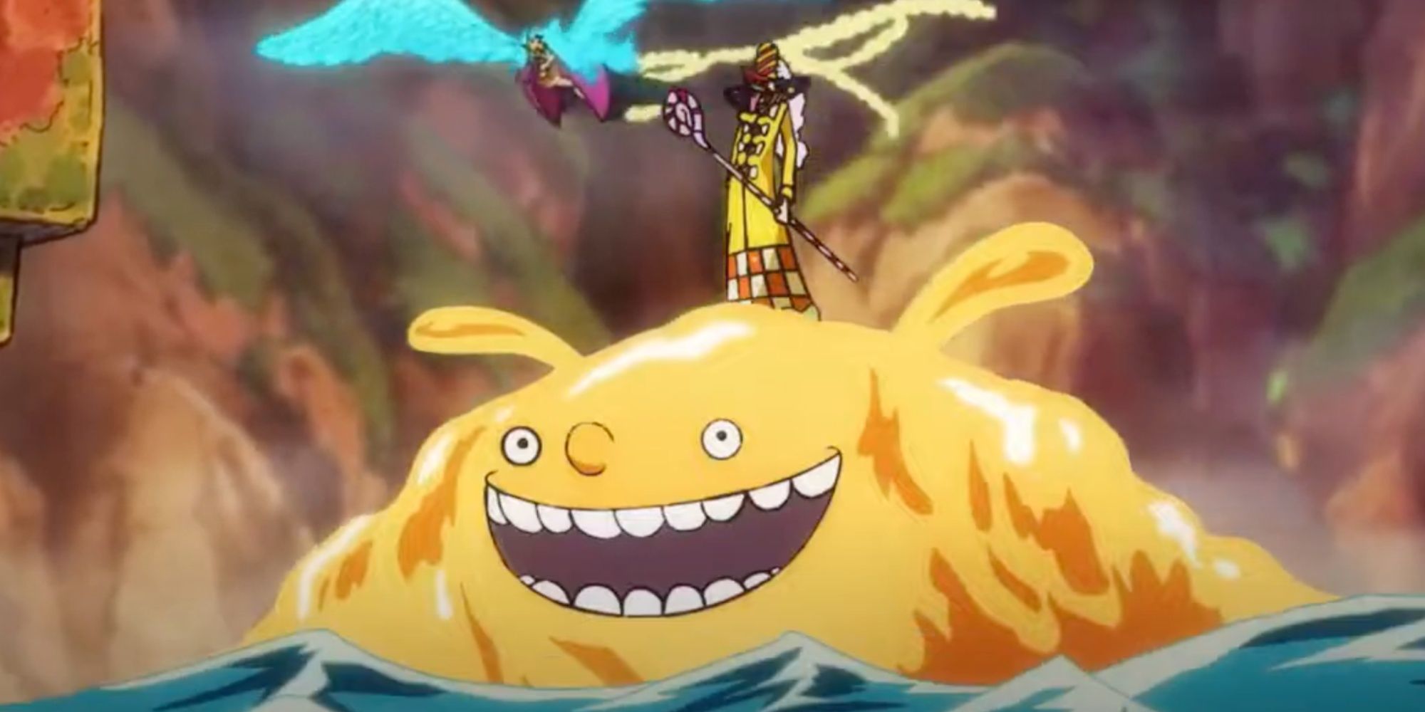 Perospero riding a Candy Sea Slug Homie on the water, whilst Marco flies nearby