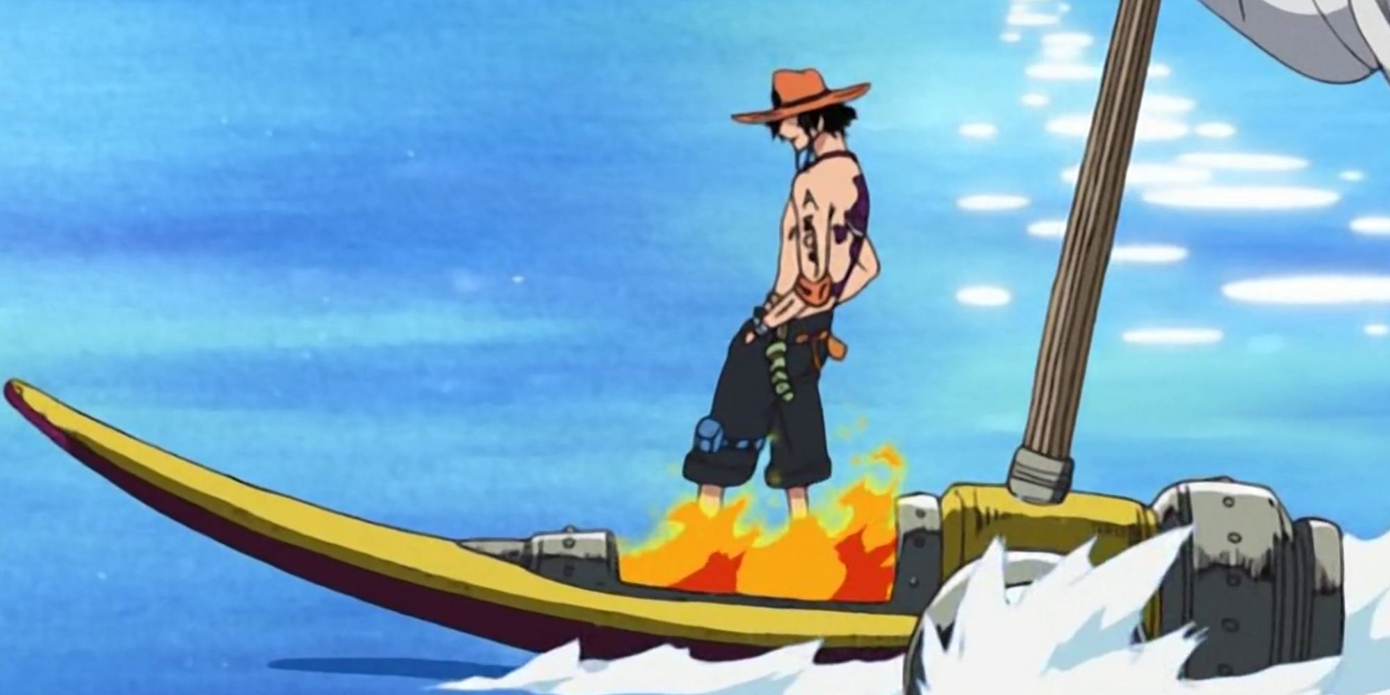 Ace riding Striker, a raft powered by the Mera Mera no Mi 