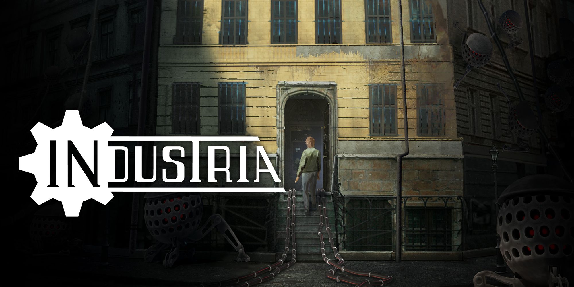 Industria Title Showing A Character Entering A Building