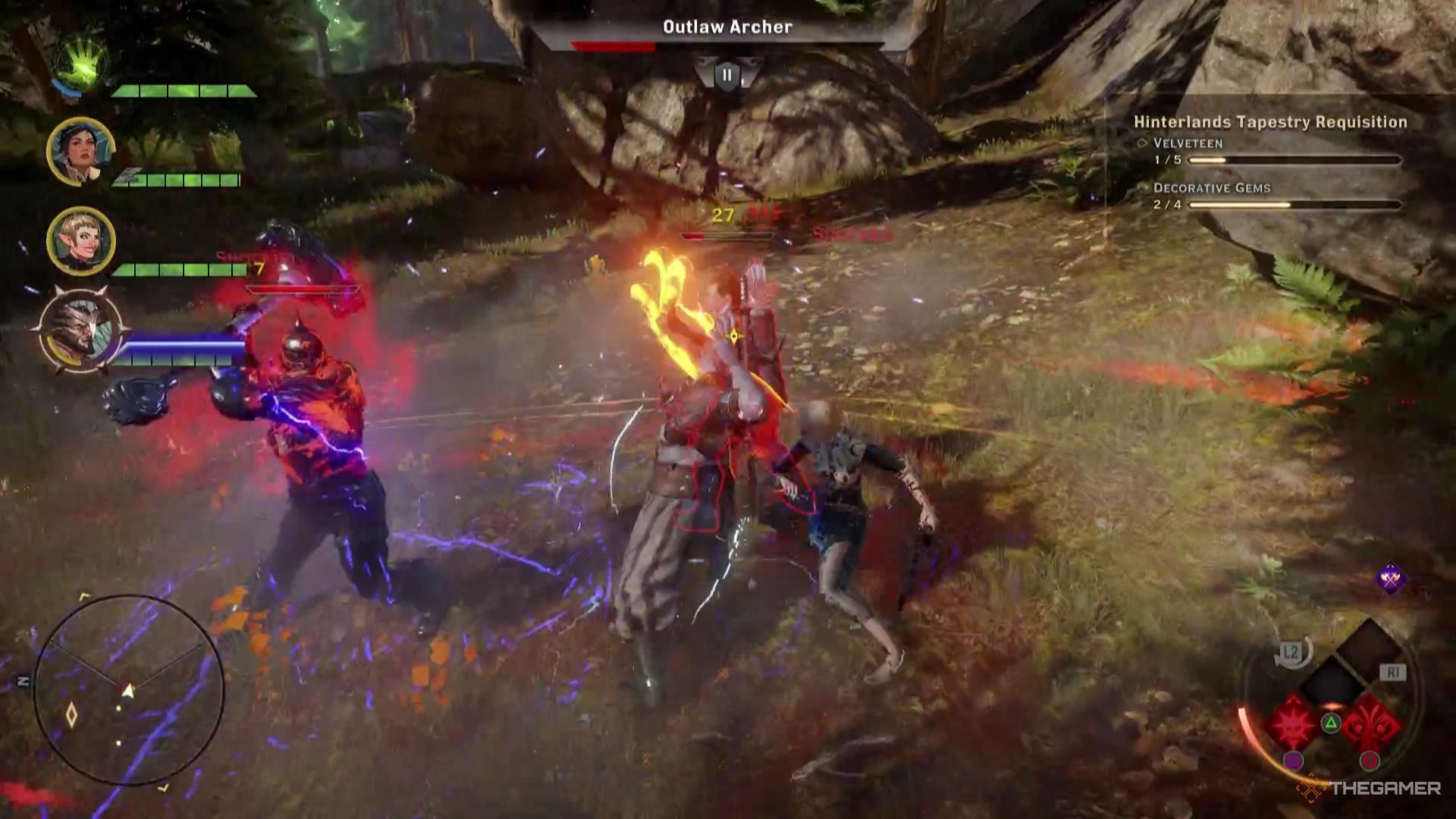 Iron Bull is in the middle of a fight against his party and outlaws in Dragon Age: Inquisition.