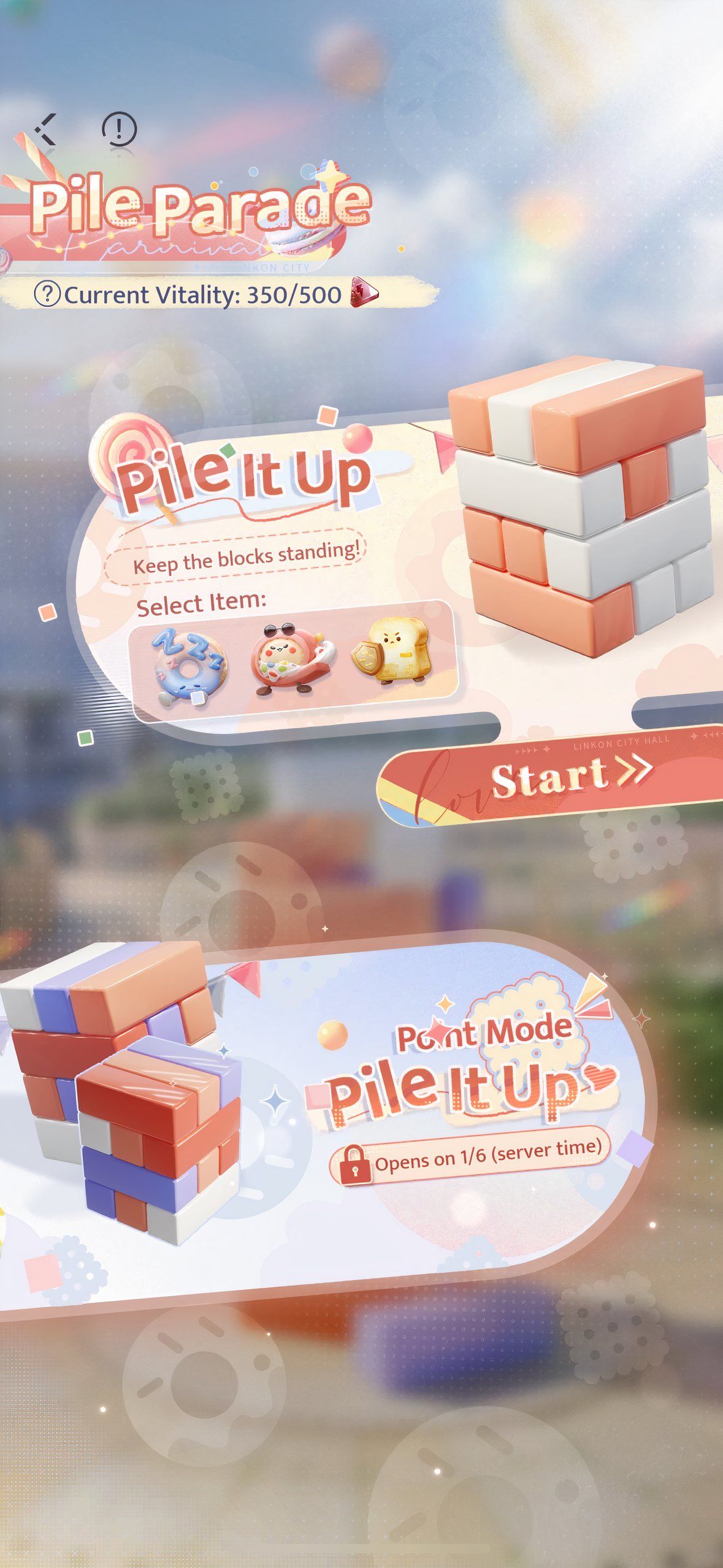 Love And Deepspace: An image of the Pile Parade minigame menu.