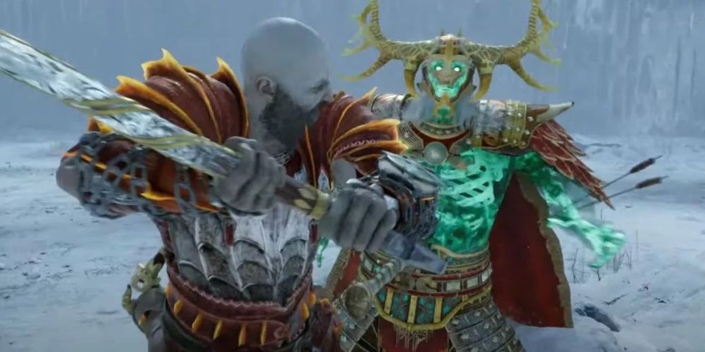 Kratos fighting King Hrolf Kraki in God of War Ragnarok