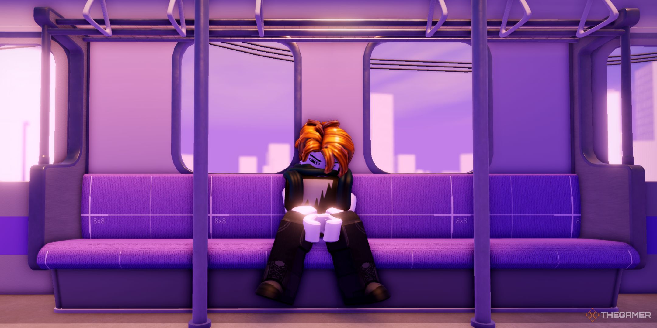 The player character sits on the train in Jujutsu Infinite.