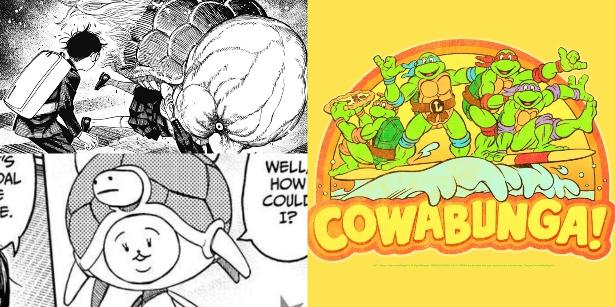 The Onbusuman, Mai Kawabanga and official merch of Teenage Mutant Ninja Turtles saying Cowabunga.