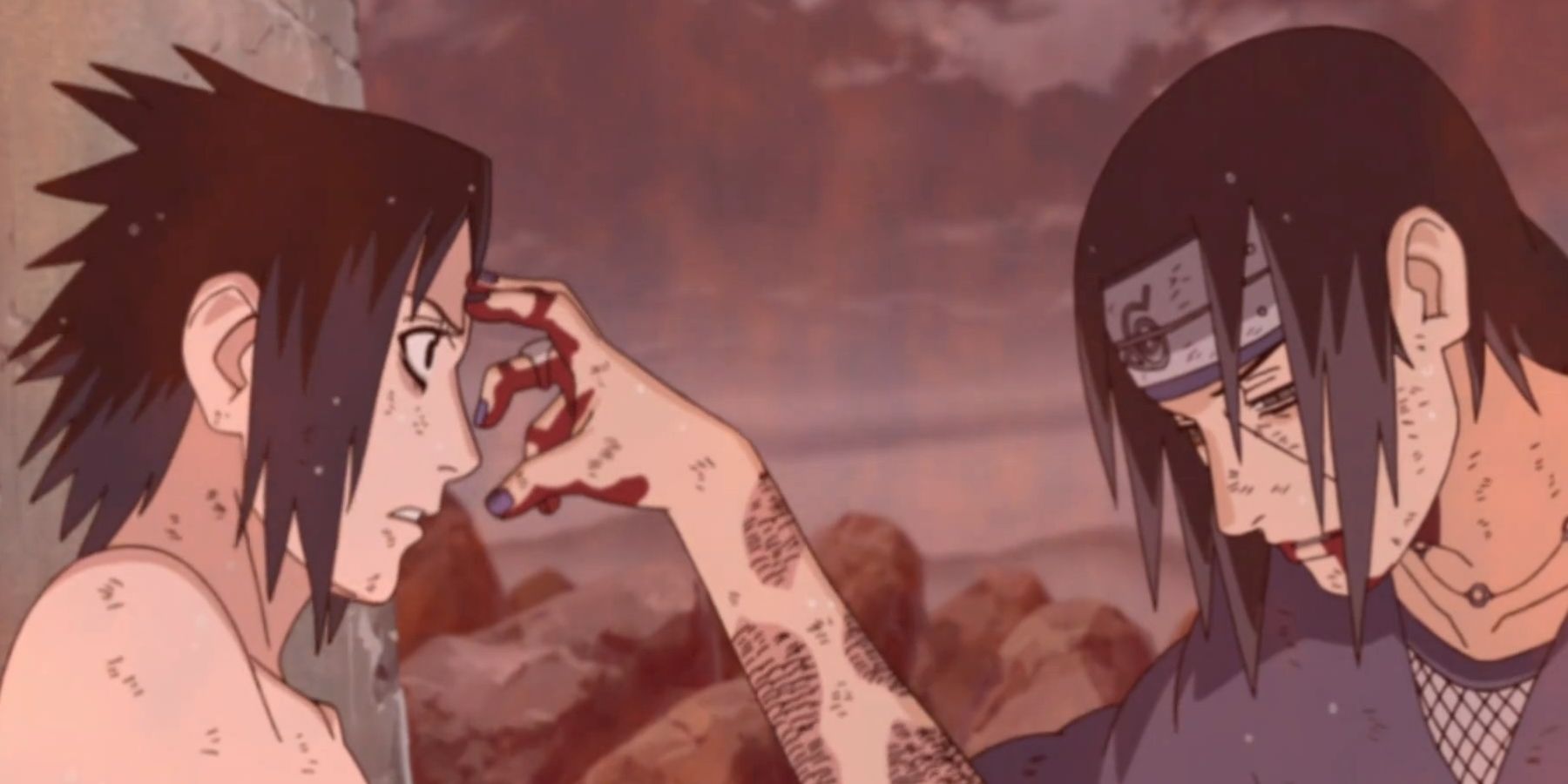 Itachi pokes Sasuke's forehead