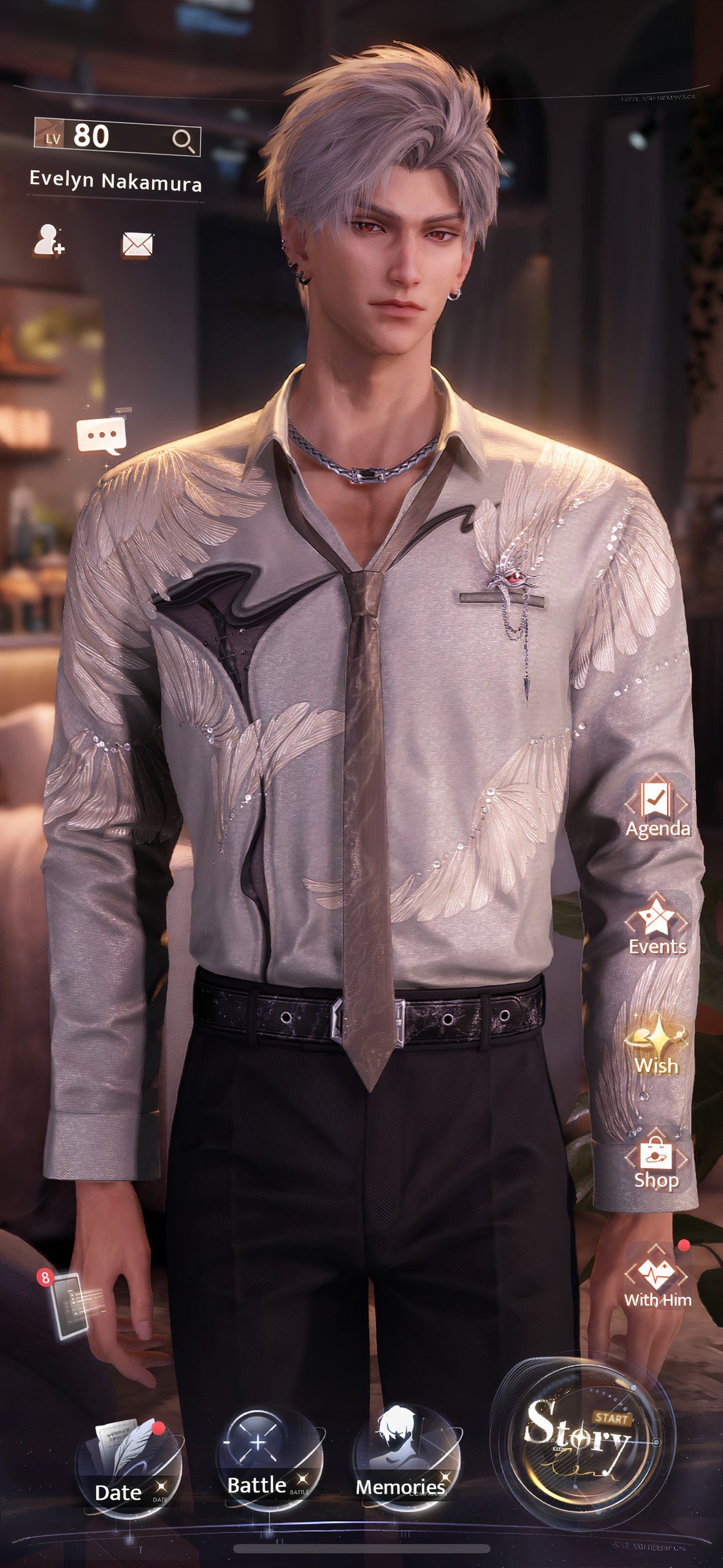 Love And Deepspace: An image of Sylus wearing his event outfit recolor in the Deepspace Cafe.