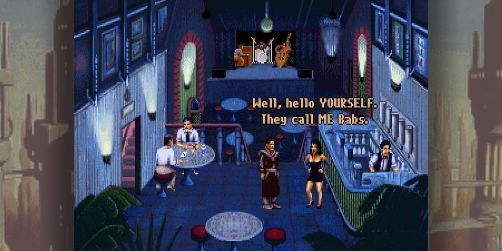 A player speaking to a woman in a bar. 