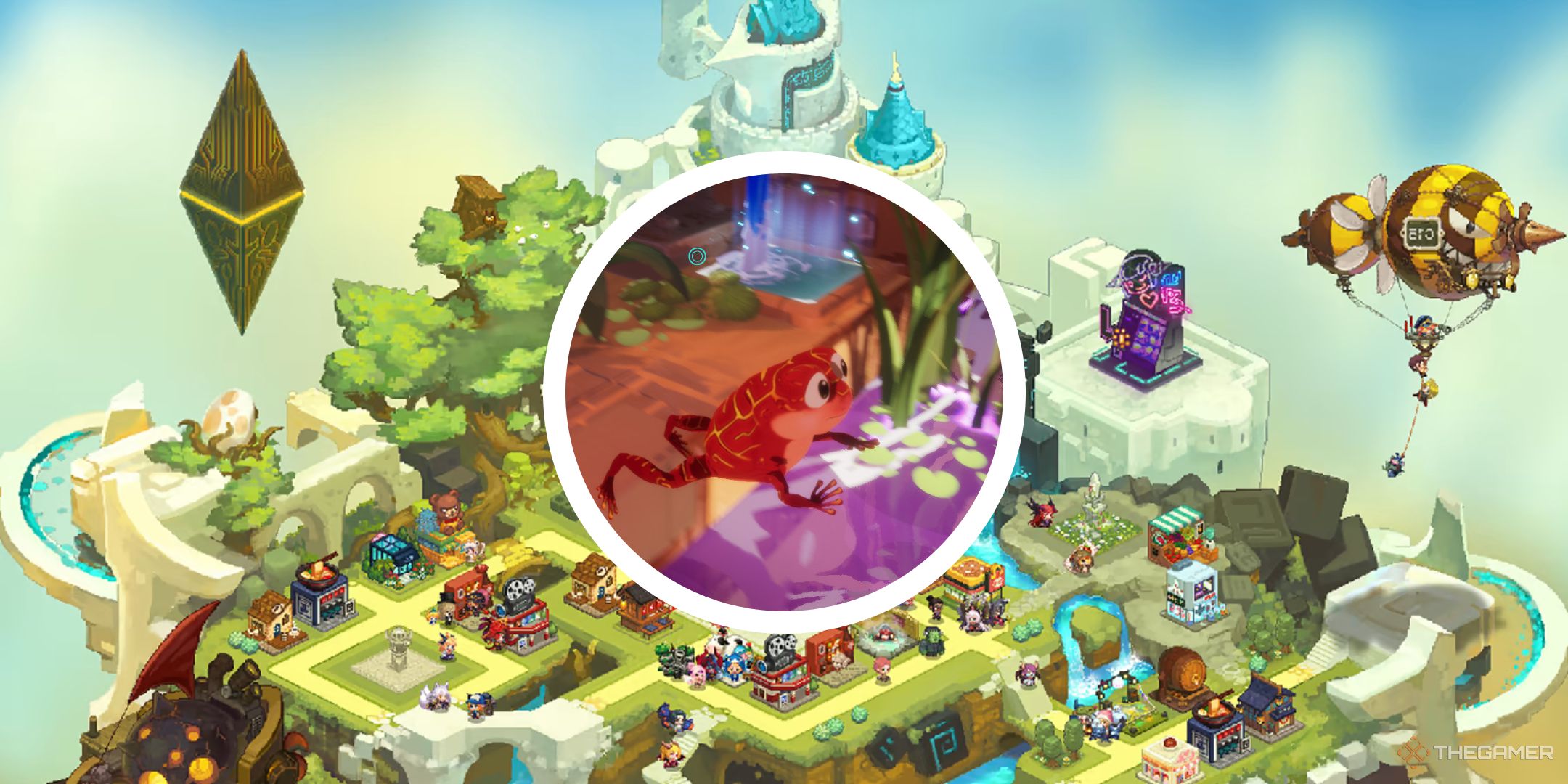 A town shot from Guardian Tales with a circle PNG over the top showing the frog from La Rana.