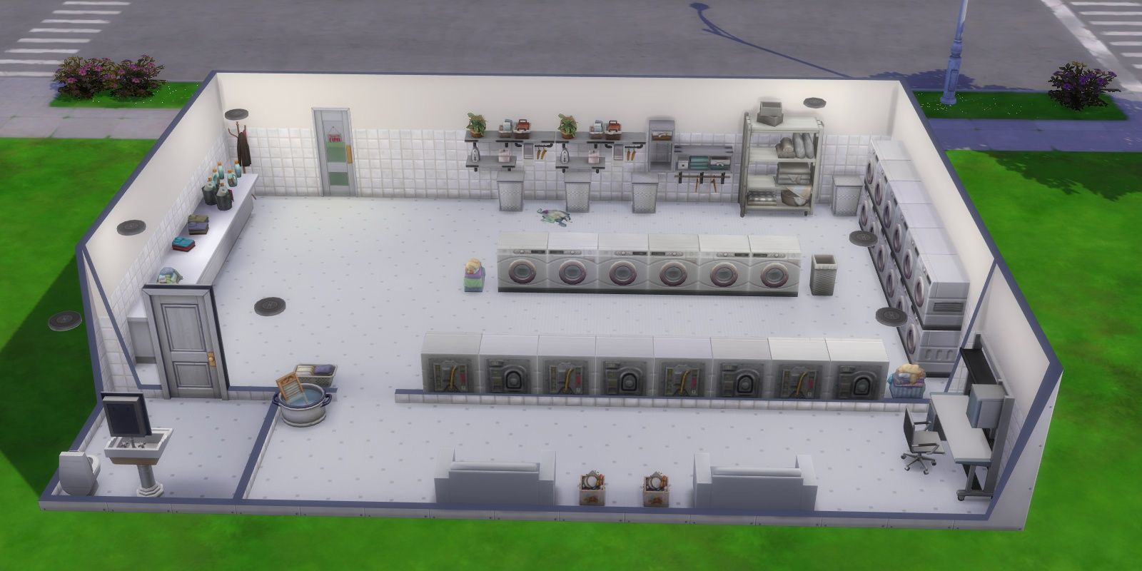 Image of a laundromat build from The Sims 4.