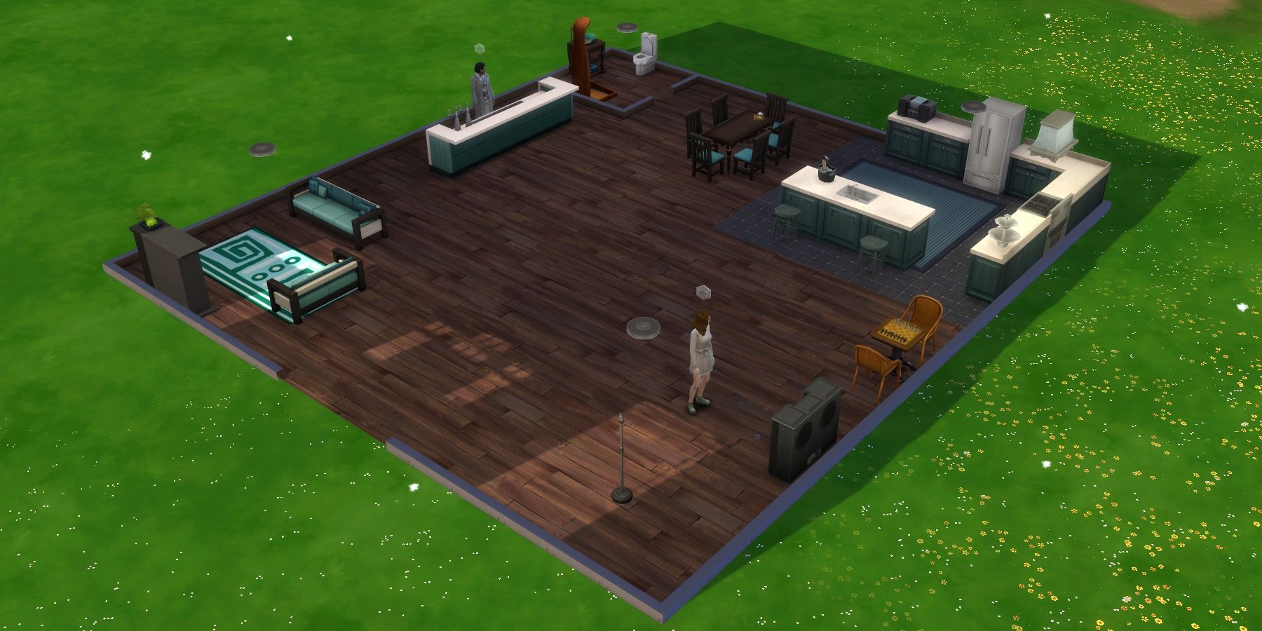 Image of an event center build with two Sims inside from The Sims 4.