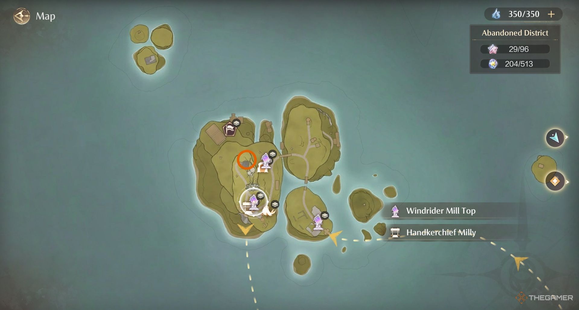 Orange circle on map in the Abandoned District in Infinity Nikki