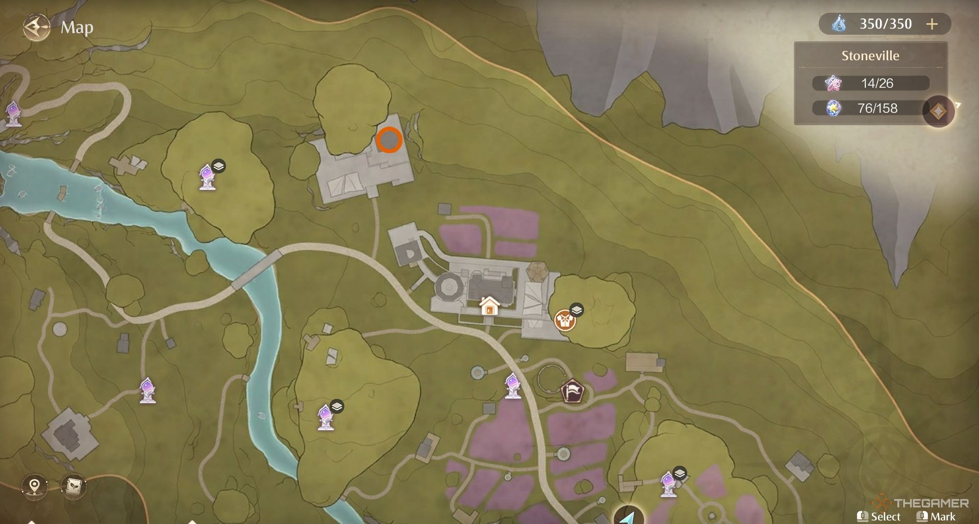 Orange circle on an object on the Stoneville map in Infinity Nikki