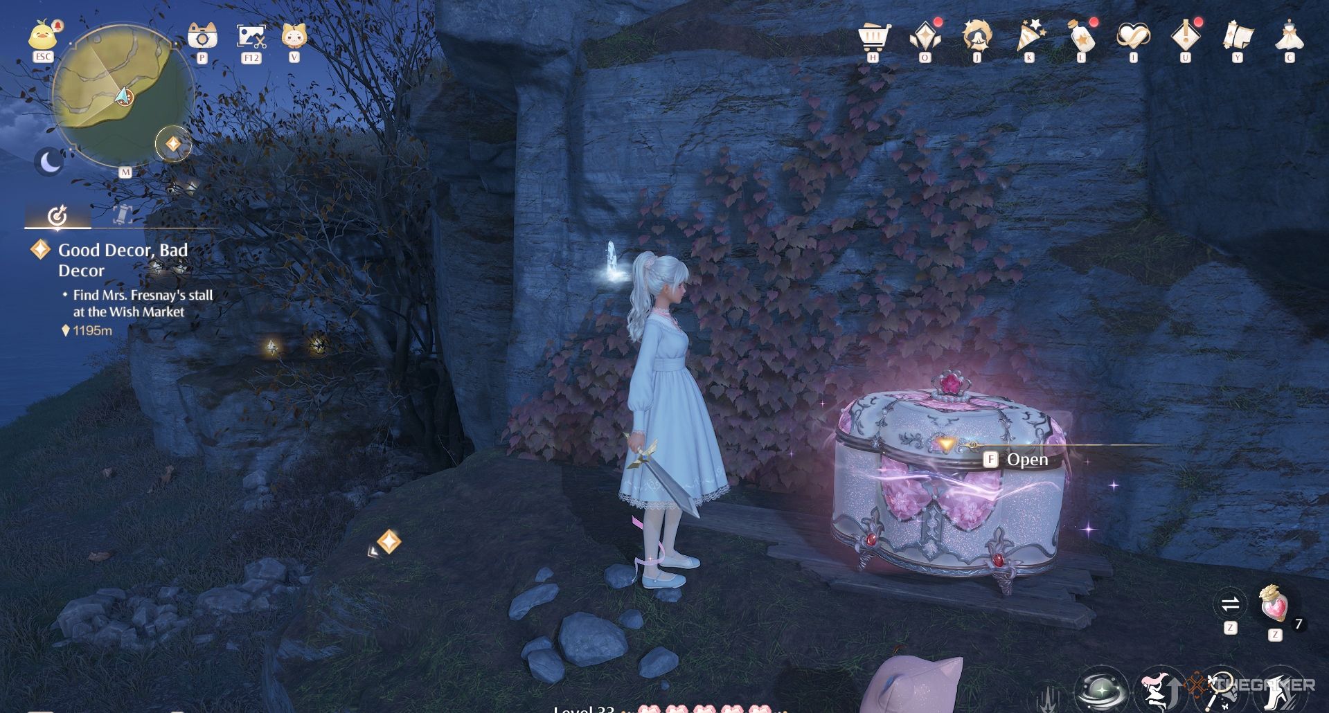 Nikki holding a sword next to a pink treasure chest in Infinity Nikki