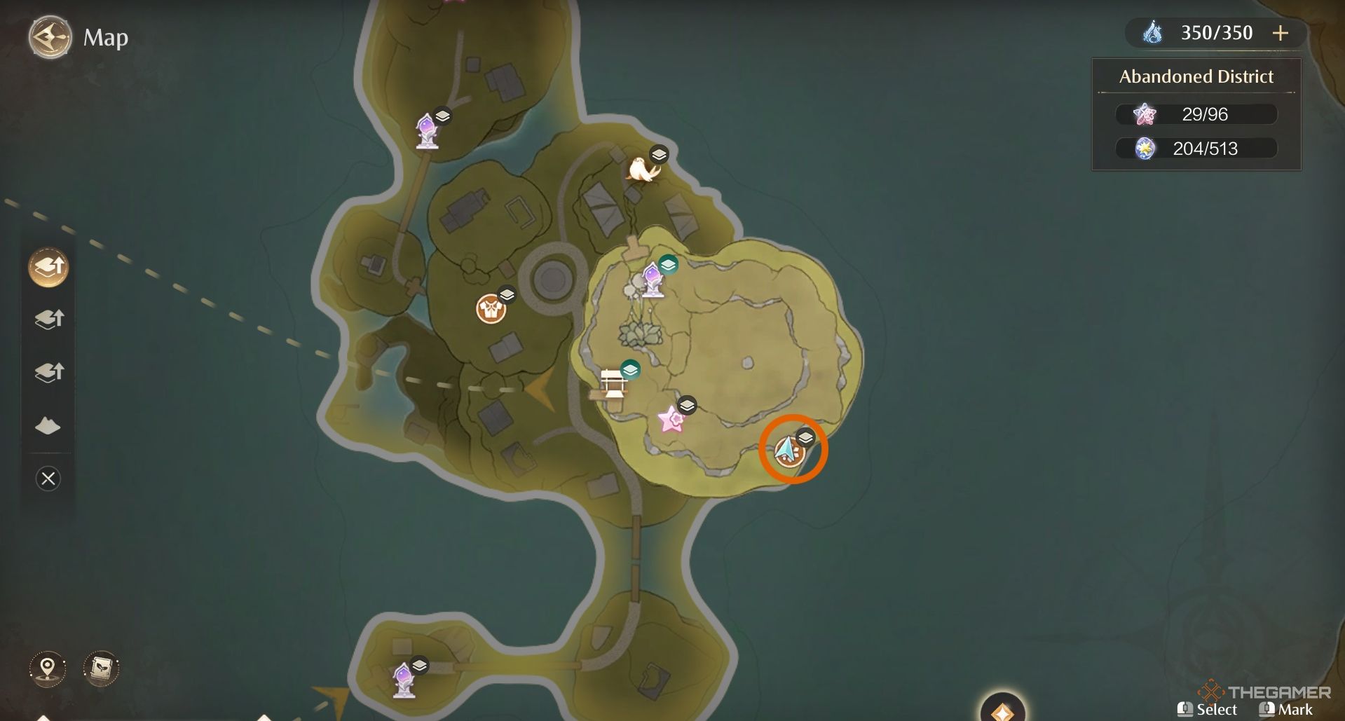 Map showing the location of treasure in the Abandoned District in Infinity Nikki