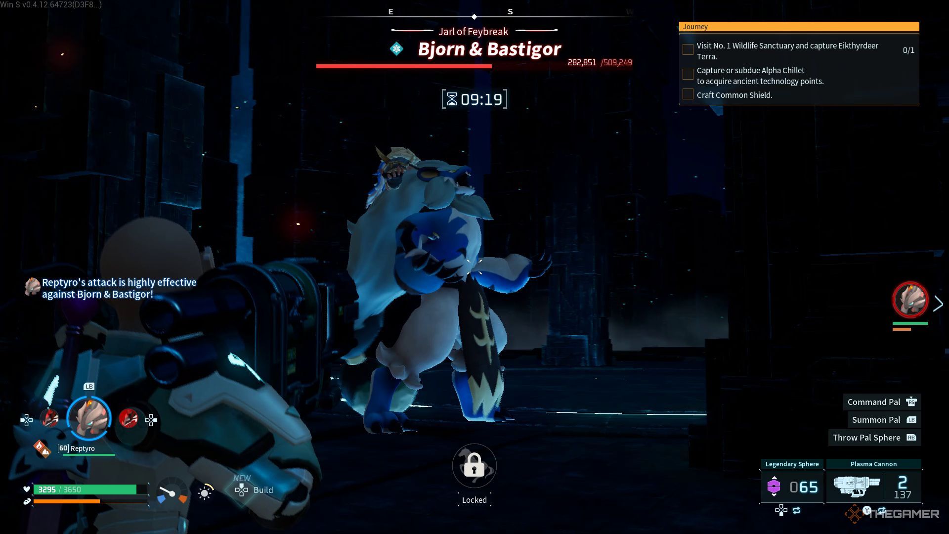 The image shows the player aiming at Bjorn and Bastigor with a Plasma Cannon in Palworld.