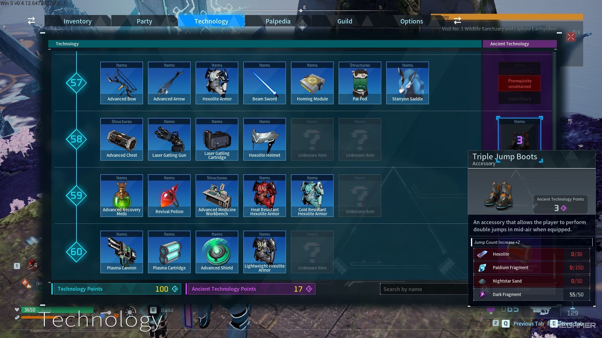 The image shows the unlocked Triple Jump Boots from the technology tab in Palworld.