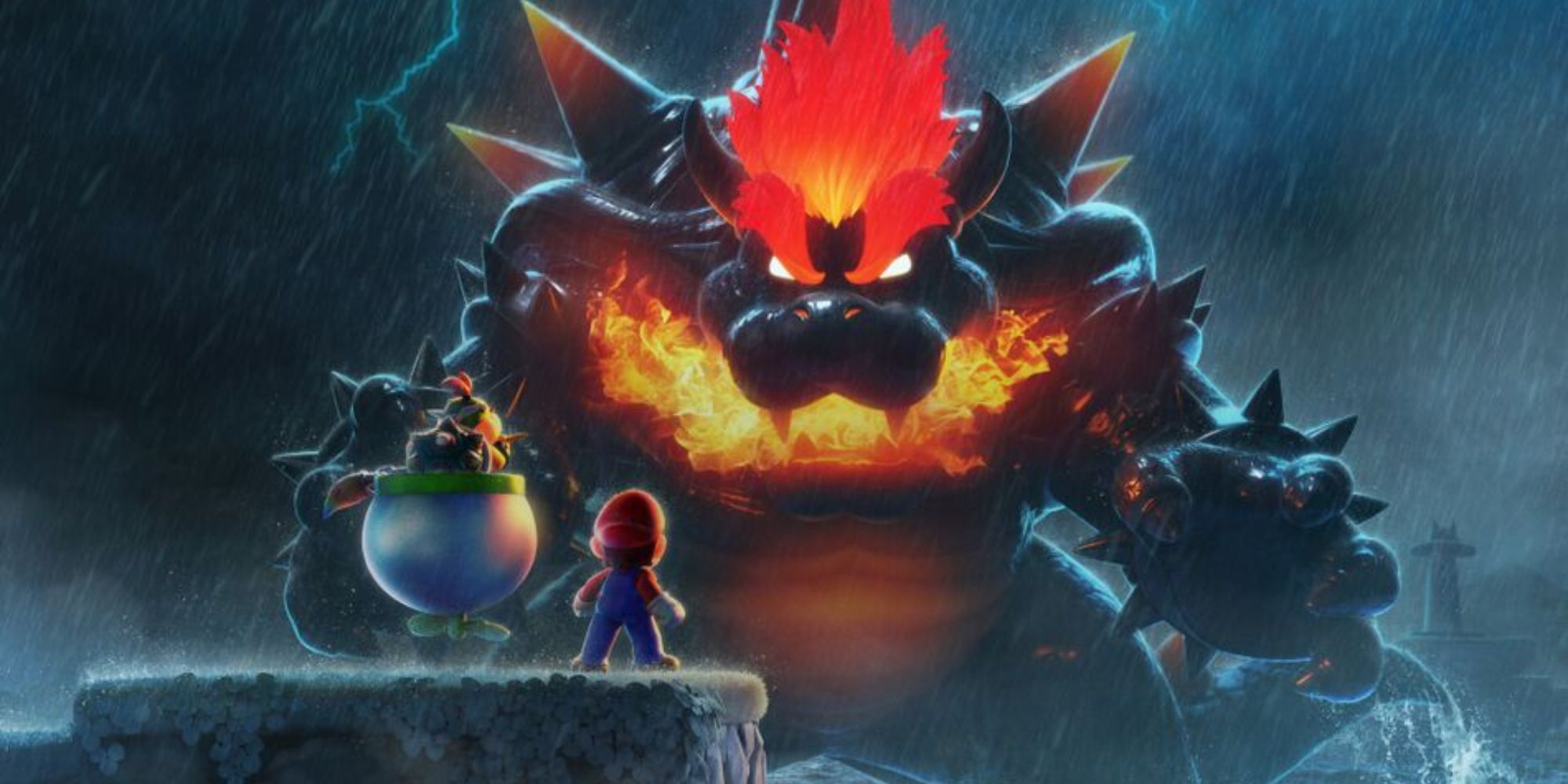 Mario and Bowser Jr facing Fury Bowser in Bowser's Fury