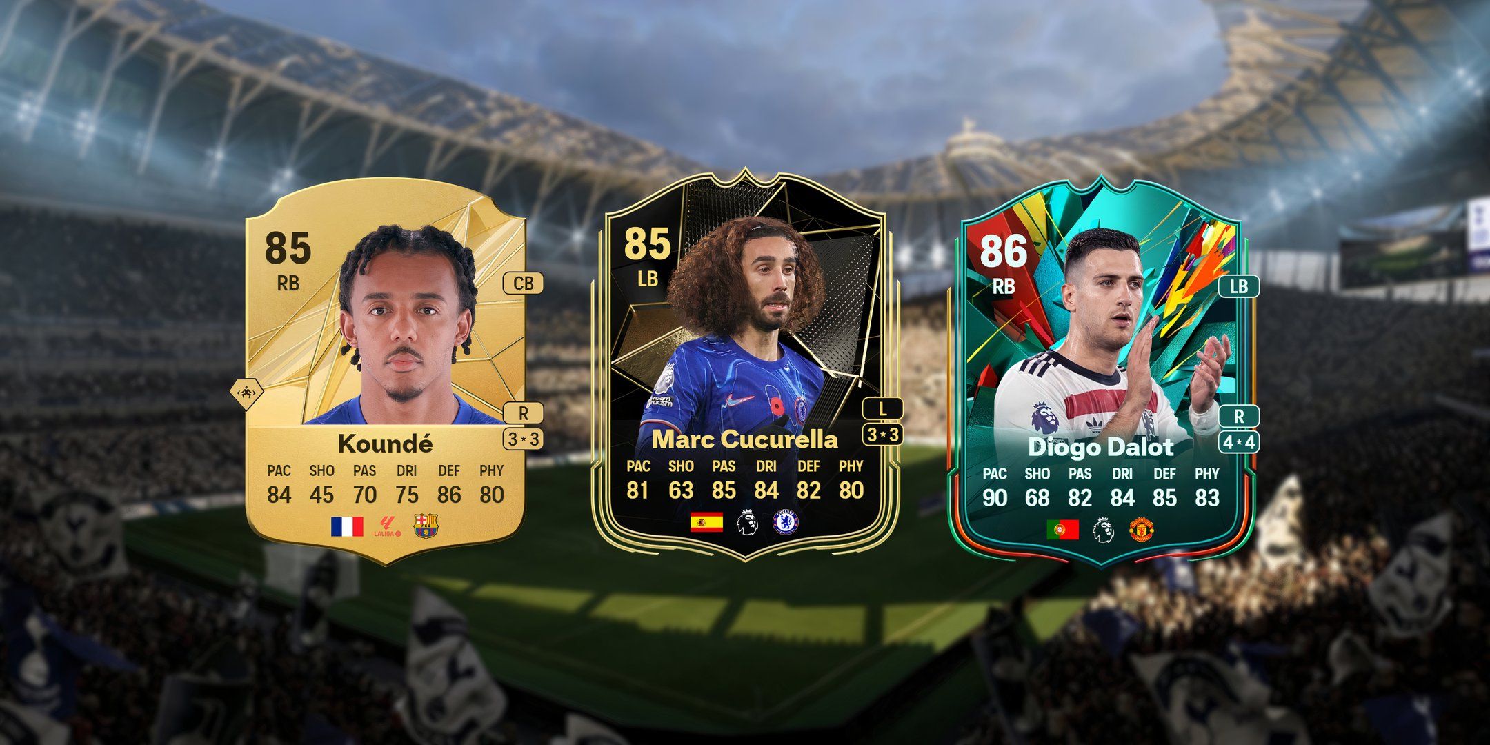 Jules Kounde's, Marc Cucurella's, and Diogo Dalot's cards in EA Sports FC 25.