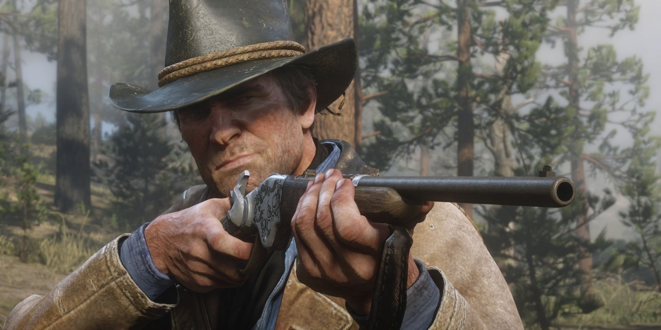 Arthur Morgan pointing a gun in Red Dead Redemption 2