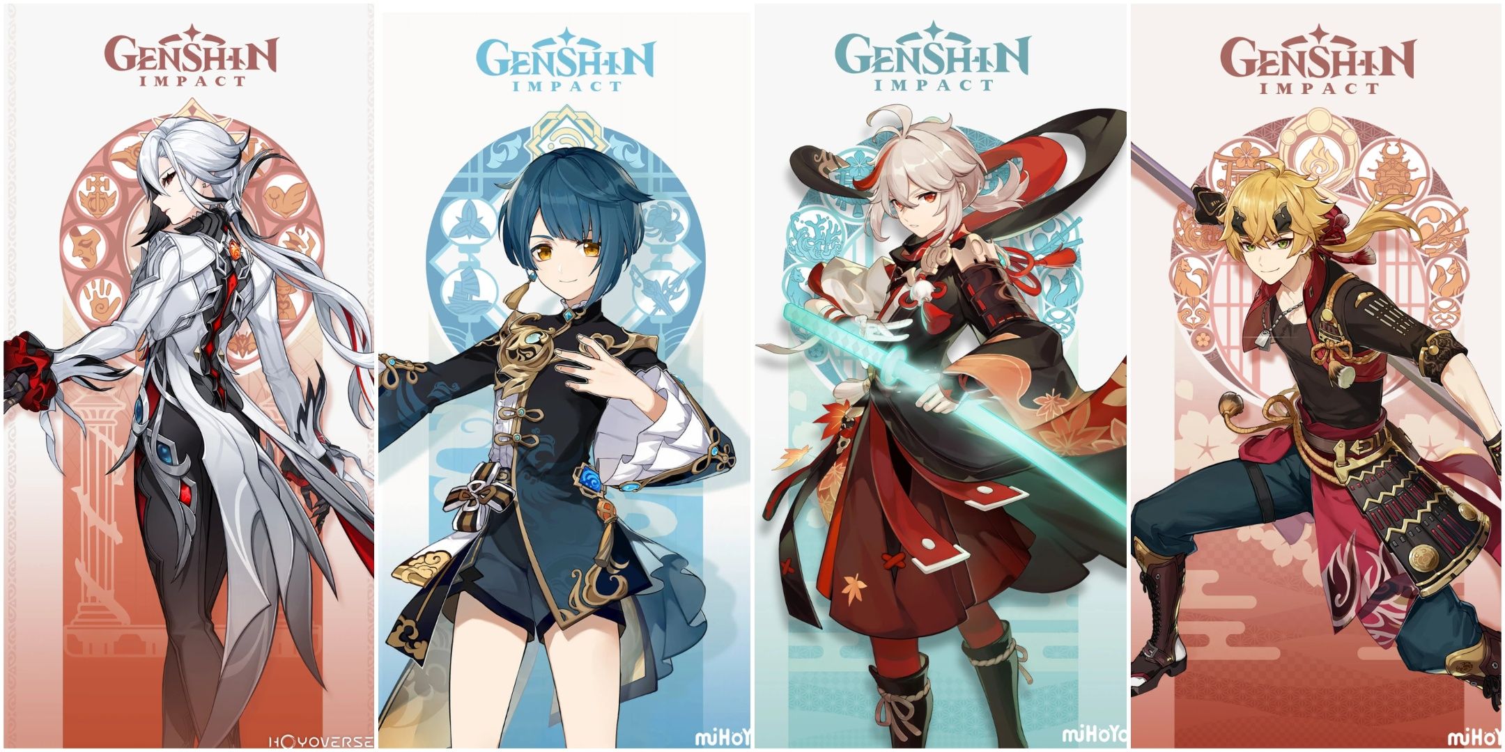 Arlecchino, Zingqiu, Kazuha, and Thoma from Genshin Impact