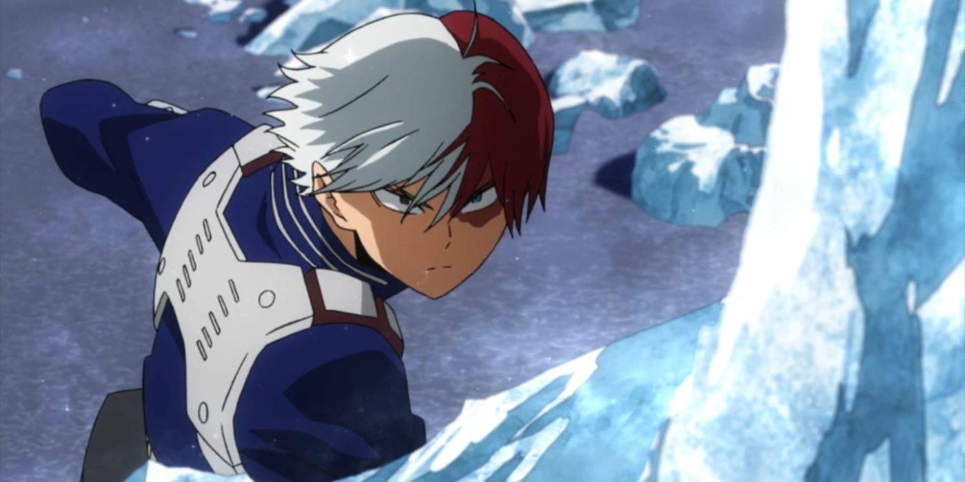 Shoto using his right side to create a wall of ice during the Sports Festival in My Hero Academia